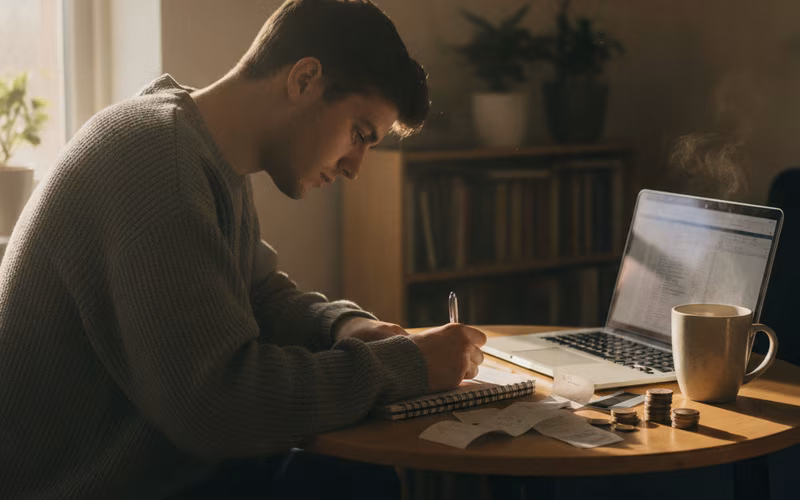 Young man budgeting at a kitchen table