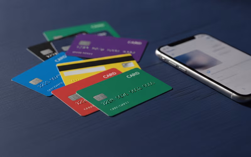 Bank cards scattered on a dark table
