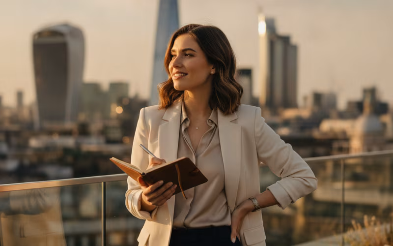 Young woman on a London rooftop at golden hour holding a notebook