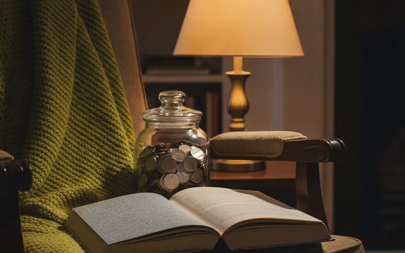 A hardcover book lying open on an armchair beside a jar of coins in warm lamp light