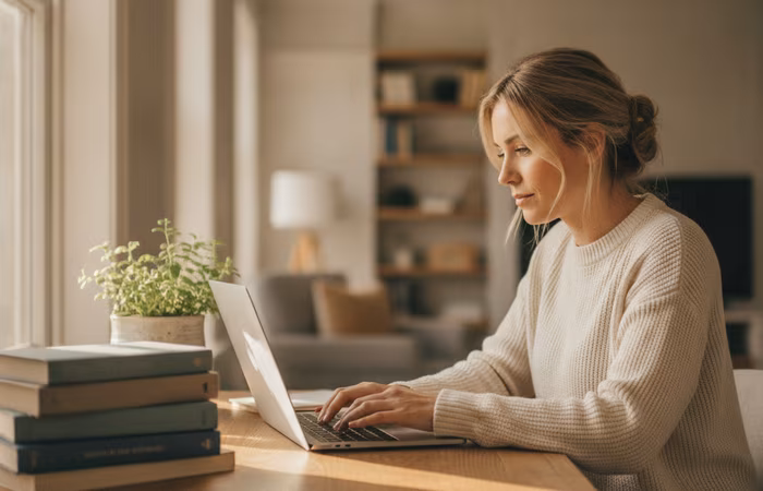 Young woman working on a laptop beside a stack of investing books