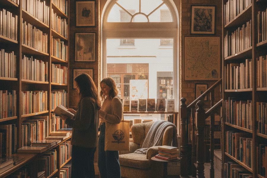 Cosy independent London bookshop interior with warm wooden shelves and young readers