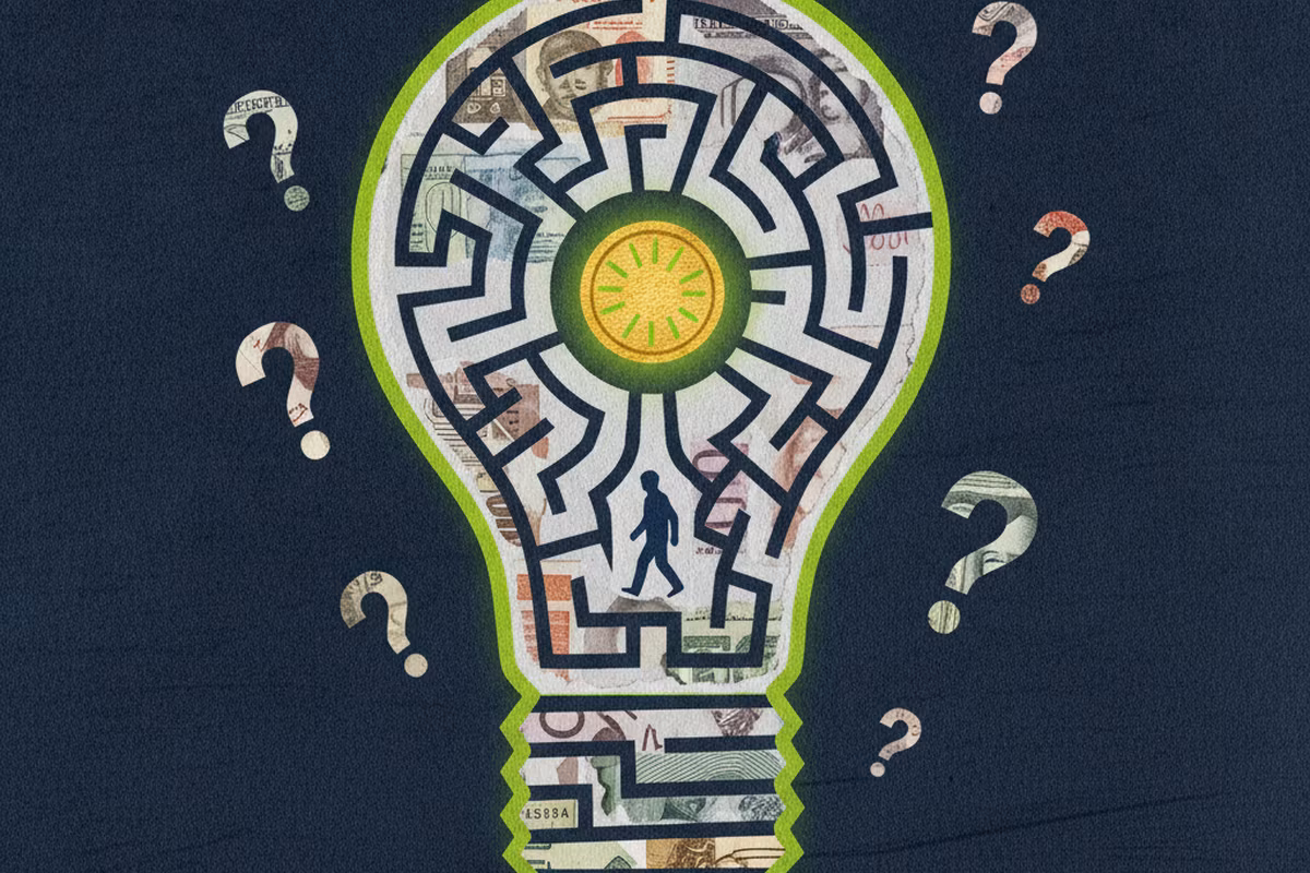 Collage of a paper maze shaped like a lightbulb leading to a glowing coin